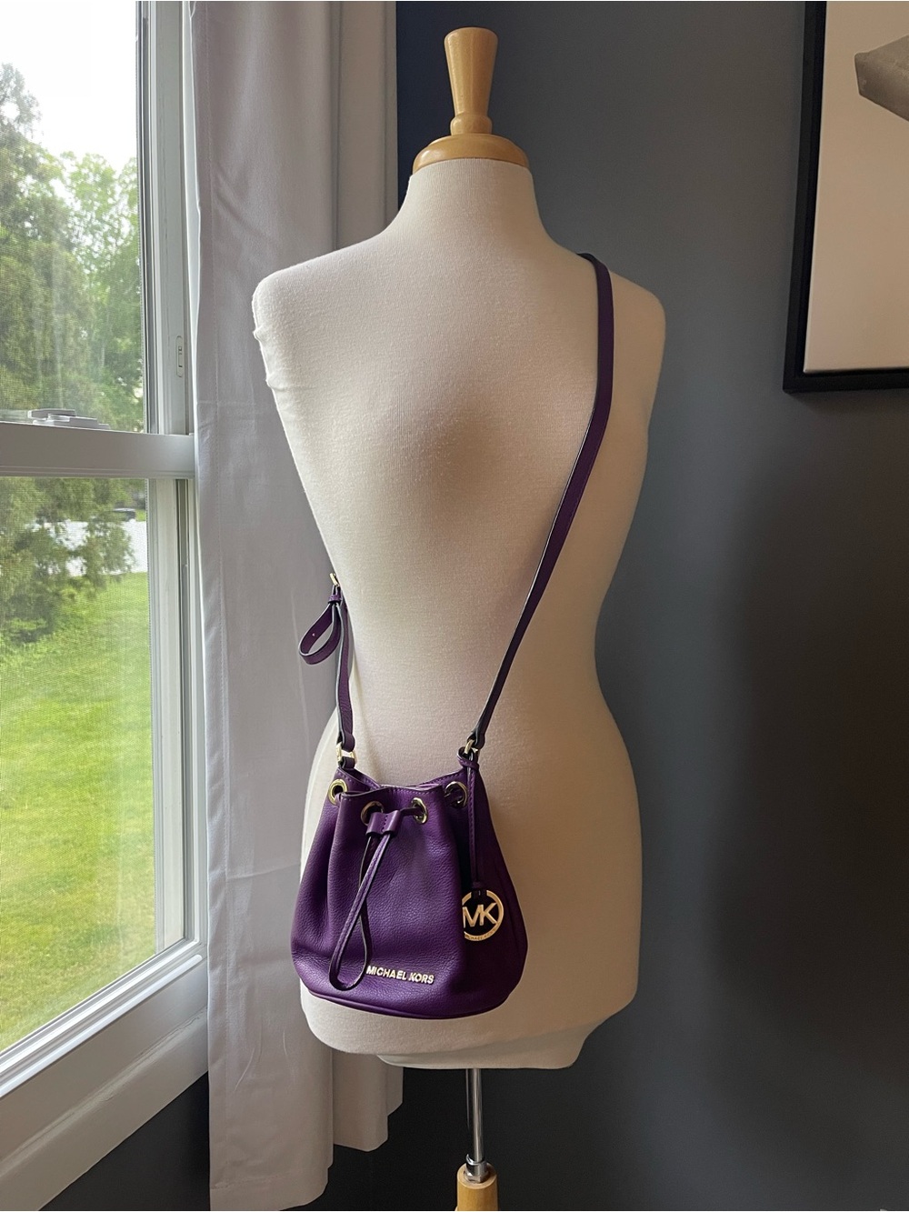 Michael Kors Purple Pebbled Leather Drawstring Crossbody Bucket Bag